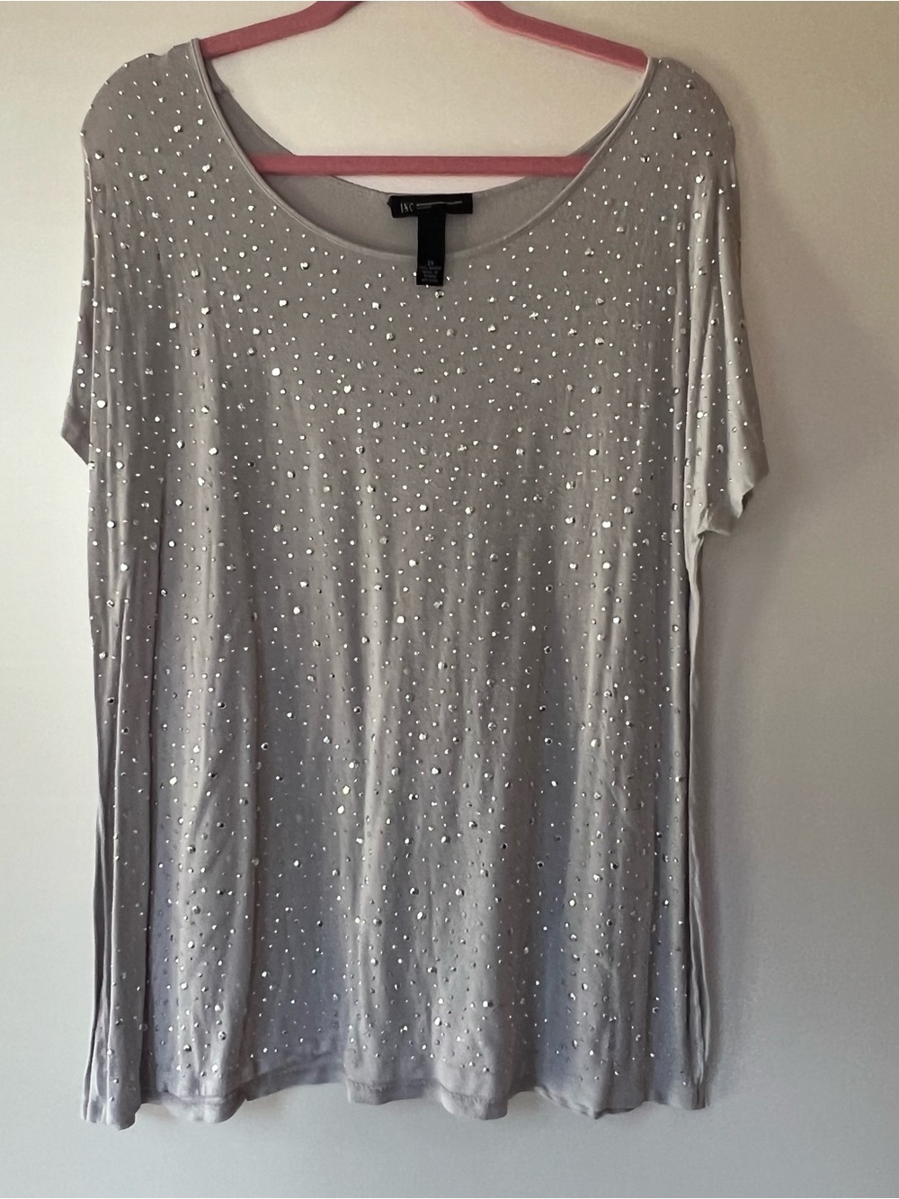 INC International Concepts Light Silver Short Sleeve Scoop Neck Top with Studs